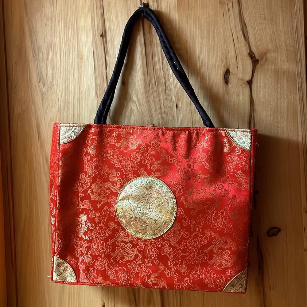Red, gold, and black satin print‎ tote bag